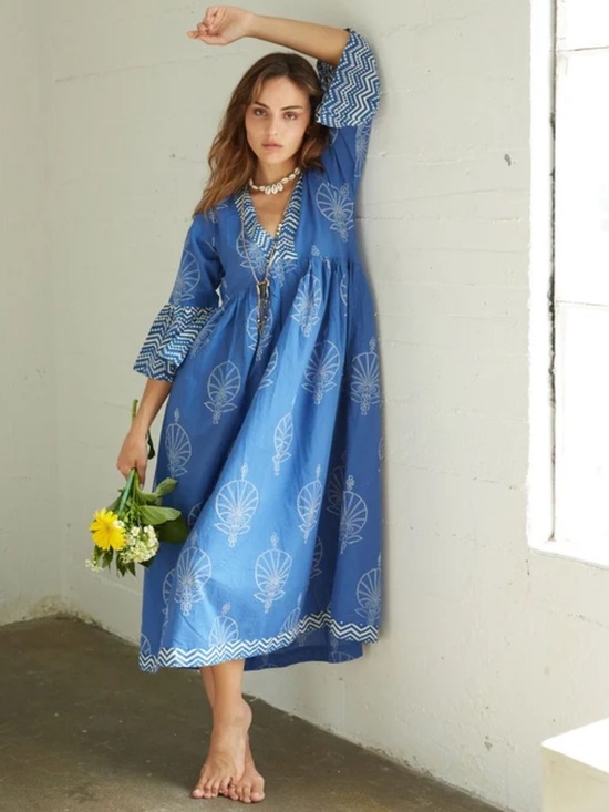 The Fox and the Mermaid Dresses & Skirts - The Fox and The Mermaid Block Printed Dress - Bhavani in Egyptian Blue Small